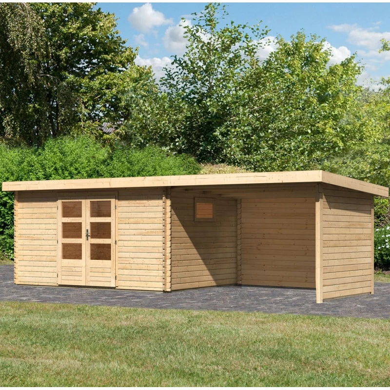 Abri De Jardin 11,49m² En Bois Massif 40mm Trittau 5 Avec Appentis 330cm, Paroi Arrière Et Latérale – Karibu 1 Abri De Jardin 11,49m² En Bois Massif 40mm Trittau 5 Avec Appentis 330cm, Paroi Arrière Et Latérale – Karibu