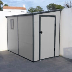 Abri De Jardin Adossé En Résine Gris Clair 3,55m² + Kit De Fondation - JOBU -Outdoor Soldes abri de jardin adosse en resine anthracite 353m kit de fondation jobu 2