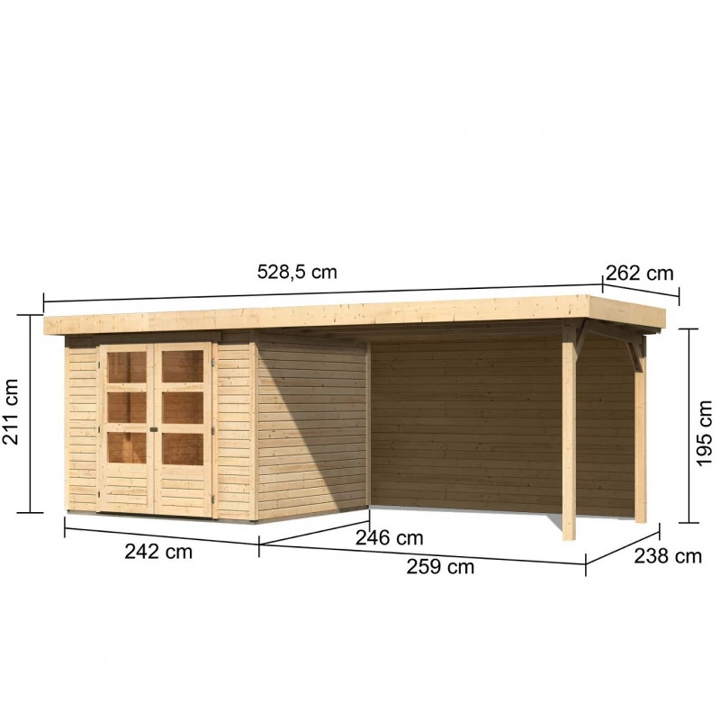 Abri De Jardin En Bois Massif 5,95m² Askola 3,5 Avec Appentis 280cm Et Paroi Arrière – Karibu 2 Abri De Jardin En Bois Massif 5,95m² Askola 3,5 Avec Appentis 280cm Et Paroi Arrière – Karibu – Image 2