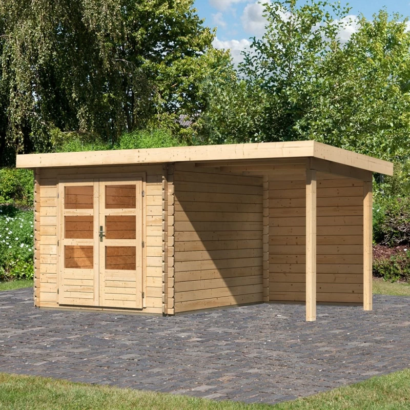 Abri De Jardin En Bois Massif 7,04m² Bastrup 4 Avec Appentis 200cm Et Paroi Arrière – Karibu 1 Abri De Jardin En Bois Massif 7,04m² Bastrup 4 Avec Appentis 200cm Et Paroi Arrière – Karibu