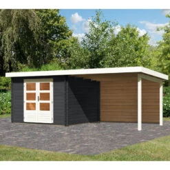 Abri De Jardin En Bois Massif Anthracite 8,82m² Bastrup 5 Avec Appentis 300cm Et Paroi Arrière – Karibu