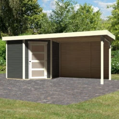 Abri De Jardin En Bois Massif Gris Terre 4,62m² Schwandorf 3 Avec Appentis 280cm Et Paroi Arrière – Karibu