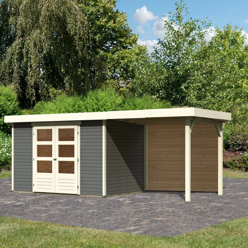 Abri De Jardin En Bois Massif Gris Terre 6,55m² Askola 4 Avec Appentis 240cm Et Paroi Arrière - Karibu 1 Abri De Jardin En Bois Massif Gris Terre 6,55m² Askola 4 Avec Appentis 240cm Et Paroi Arrière - Karibu