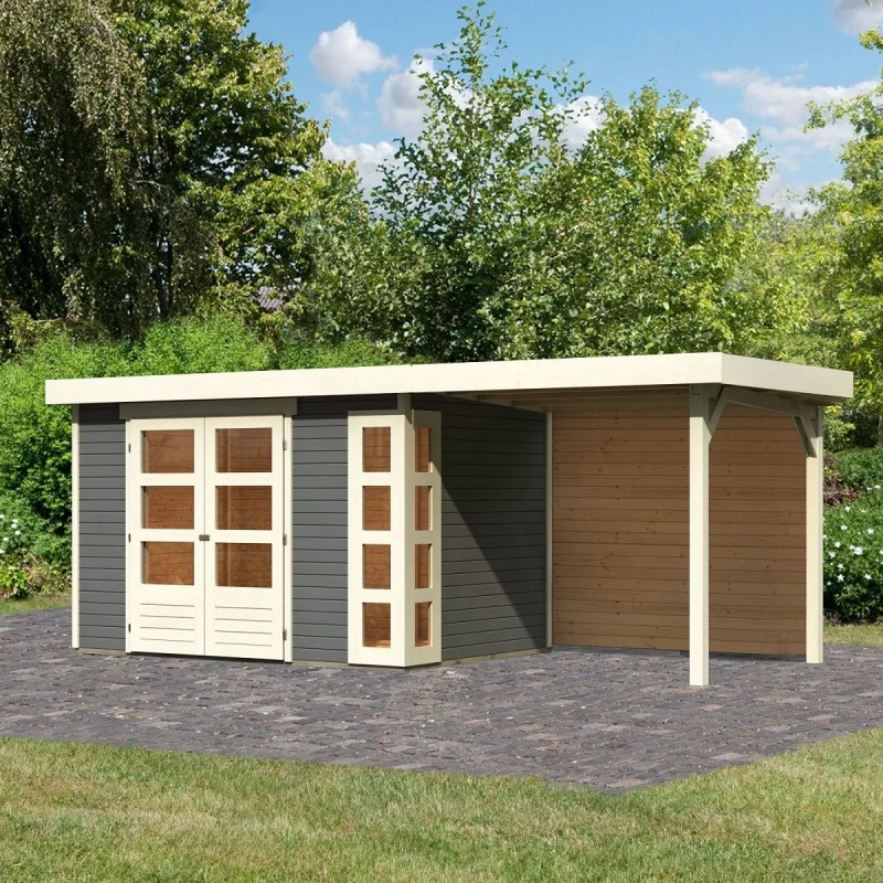 Abri De Jardin En Bois Massif Gris Terre 6,55m² Kerko 4 Avec Appentis 240cm Et Paroi Arrière – Karibu 1 Abri De Jardin En Bois Massif Gris Terre 6,55m² Kerko 4 Avec Appentis 240cm Et Paroi Arrière – Karibu
