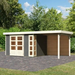 Abri De Jardin En Bois Massif Gris Terre 7,43m² Kerko 5 Avec Appentis 240cm Et Paroi Arrière – Karibu