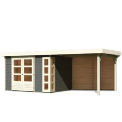 Abri De Jardin En Bois Massif Gris Terre 7,43m² Kerko 5 Avec Appentis 280cm Et Paroi Arrière – Karibu -Outdoor Soldes abri de jardin en bois massif gris terre 743m kerko 5 avec appentis 280cm et paroi arriere woodfeeling 2