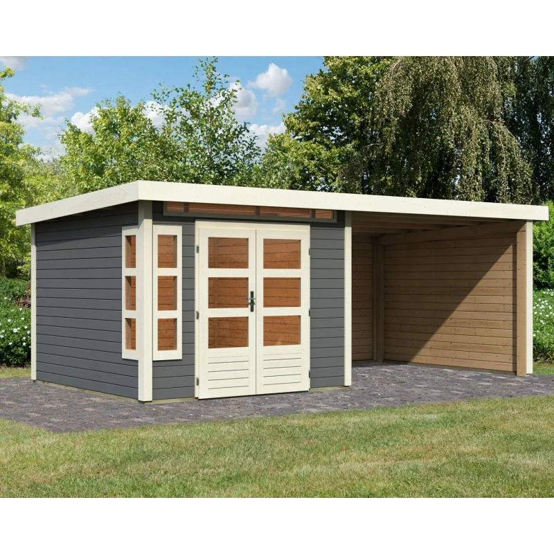 Abri De Jardin En Bois Massif Gris Terre 7,50m² Kastorf 6 Avec Appentis 320cm Et Paroi Arrière Et Latérale – Karibu 1 Abri De Jardin En Bois Massif Gris Terre 7,50m² Kastorf 6 Avec Appentis 320cm Et Paroi Arrière Et Latérale – Karibu