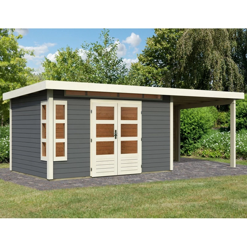 Abri De Jardin En Bois Massif Gris Terre 8,88m² Kastorf 7 Avec Appentis 260cm Et Paroi Arrière – Karibu 1 Abri De Jardin En Bois Massif Gris Terre 8,88m² Kastorf 7 Avec Appentis 260cm Et Paroi Arrière – Karibu
