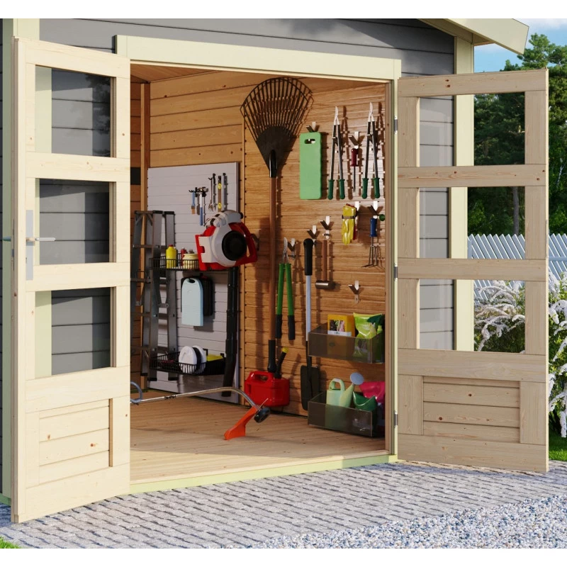 Abri De Jardin En Bois Massif Gris Terre 9,24m² Theres 7 Avec Un Auvent – Karibu 4 Abri De Jardin En Bois Massif Gris Terre 9,24m² Theres 7 Avec Un Auvent – Karibu – Image 4