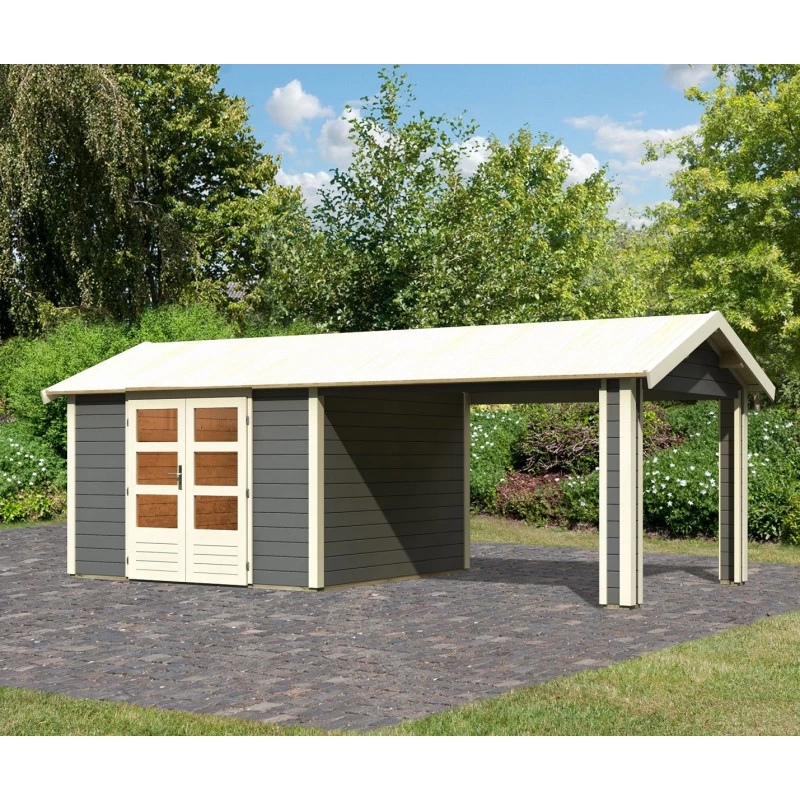 Abri De Jardin En Bois Massif Gris Terre 9,24m² Theres 7 Avec Un Auvent – Karibu 1 Abri De Jardin En Bois Massif Gris Terre 9,24m² Theres 7 Avec Un Auvent – Karibu