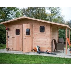 Abri Bois DOMMAR 17,20m² En Madriers Douglas 28mm Avec Bûcher + Couverture Onduline - HABRITA -Outdoor Soldes abri dommar 1720m en madriers douglas 28mm avec bucher habrita 3