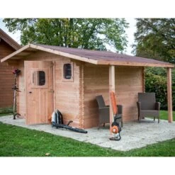 Abri Bois DOMMAR 17,20m² En Madriers Douglas 28mm Avec Bûcher + Couverture Onduline - HABRITA -Outdoor Soldes abri dommar 1720m en madriers douglas 28mm avec bucher habrita 4