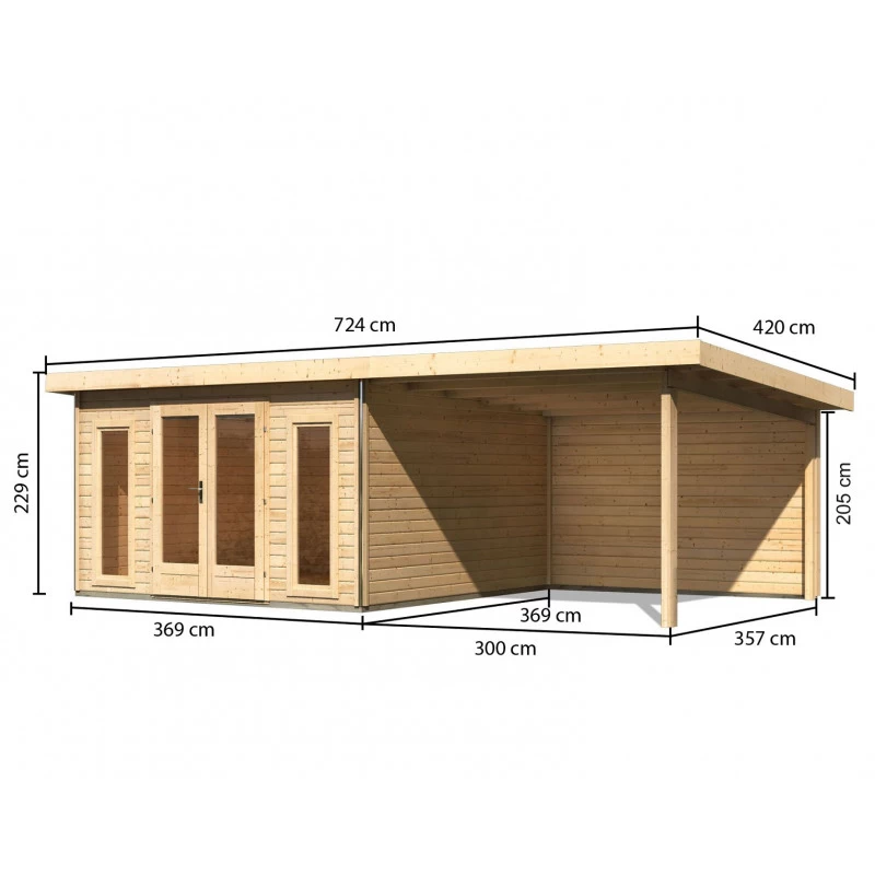Abri Toit Plat 13,60m² Bois Massif 40mm Radeburg 3 Avec Appentis 330cm Et Paroi Arrière – Karibu 2 Abri Toit Plat 13,60m² Bois Massif 40mm Radeburg 3 Avec Appentis 330cm Et Paroi Arrière – Karibu – Image 2