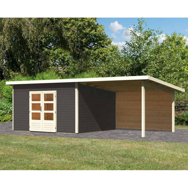 Abri Toit Plat 13,60m² Bois Massif Gris Terre 40mm Northeim 5 Avec Appentis 330cm Et Paroi Arrière – Karibu 1 Abri Toit Plat 13,60m² Bois Massif Gris Terre 40mm Northeim 5 Avec Appentis 330cm Et Paroi Arrière – Karibu