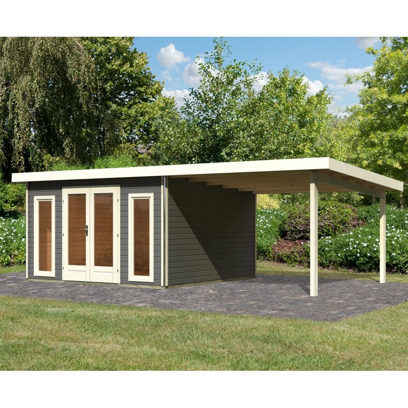 Abri Toit Plat 13,60m² Bois Massif Gris Terre 40mm Radeburg 3 Avec Appentis 330cm – Karibu 2 Abri Toit Plat 13,60m² Bois Massif Gris Terre 40mm Radeburg 3 Avec Appentis 330cm – Karibu – Image 2