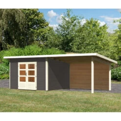 Abri Toit Plat 9,55m² Bois Massif Gris Terre 40mm Northeim 3 Avec Appentis 330cm Et Paroi Arrière – Karibu