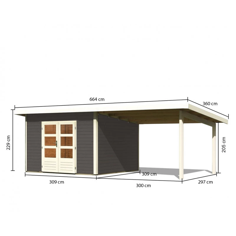 Abri Toit Plat 9,55m² Bois Massif Gris Terre 40mm Northeim 3 Avec Appentis 330cm – Karibu 2 Abri Toit Plat 9,55m² Bois Massif Gris Terre 40mm Northeim 3 Avec Appentis 330cm – Karibu – Image 2