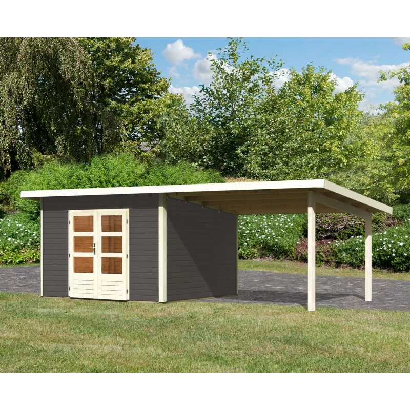 Abri Toit Plat 9,55m² Bois Massif Gris Terre 40mm Northeim 3 Avec Appentis 330cm – Karibu 1 Abri Toit Plat 9,55m² Bois Massif Gris Terre 40mm Northeim 3 Avec Appentis 330cm – Karibu