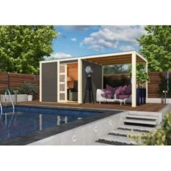 Abri Toit Plat En Bois Massif 19mm Qubic 6,05m² + Appentis 5,6m² Gris Terre - Karibu