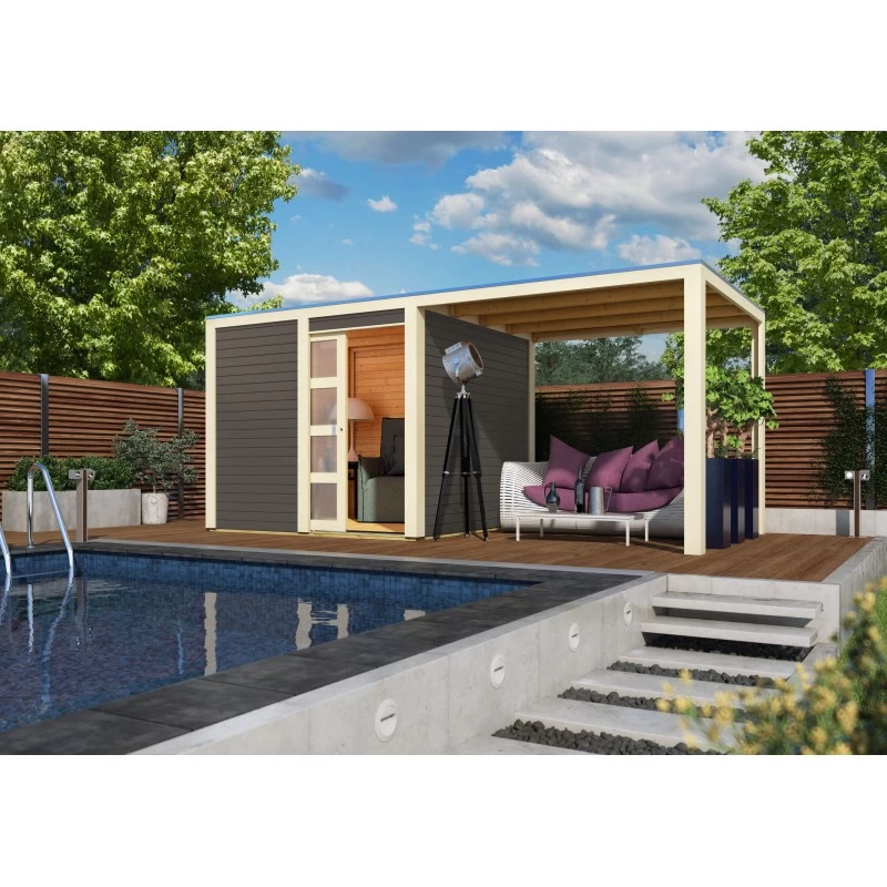 Abri Toit Plat En Bois Massif 19mm Qubic 6,05m² + Appentis 5,6m² Gris Terre - Karibu 1 Abri Toit Plat En Bois Massif 19mm Qubic 6,05m² + Appentis 5,6m² Gris Terre - Karibu