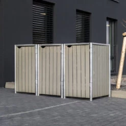 Cache-poubelle 3 Compartiments Müllbox En Bois Traité Gris 3x140L – HIDE -Outdoor Soldes cache poubelle 3 compartiments mullbox en bois traite gris 3x140l hide 2