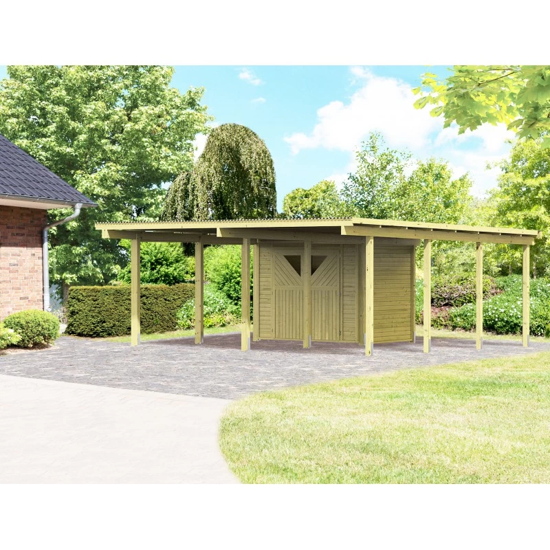 Carport En Bois Autoclave 30,35m² Avec Petit Débarras - Karibu 1 Carport En Bois Autoclave 30,35m² Avec Petit Débarras - Karibu