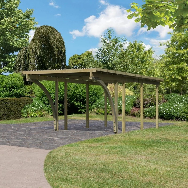 Carport En Pin Autoclave Avec Toit PVC 20,5m² + 2 Arcs D'entrée - Karibu 1 Carport En Pin Autoclave Avec Toit PVC 20,5m² + 2 Arcs D'entrée - Karibu
