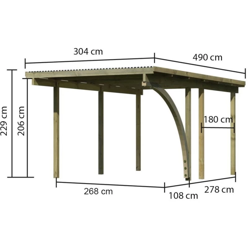 Carport Simple En Bois Autoclave Avec Toit PVC Et 1 Arc D'entrée 14,9m² - 304x490cm - Karibu 2 Carport Simple En Bois Autoclave Avec Toit PVC Et 1 Arc D'entrée 14,9m² - 304x490cm - Karibu – Image 2