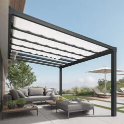 Pergola Adossée Stockholm 350x515cm Aluminium Gris Et Polycarbonate Avec Stores De Toit Rétractables – Palram - Canopia