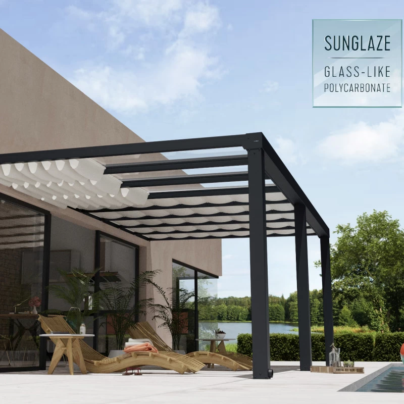 Pergola Adossée Stockholm 350x590cm Aluminium Gris Et Polycarbonate Avec Stores De Toit Rétractables – Palram - Canopia 4 Pergola Adossée Stockholm 350x590cm Aluminium Gris Et Polycarbonate Avec Stores De Toit Rétractables – Palram - Canopia – Image 4