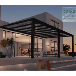 Pergola Adossée Stockholm 350x660cm Aluminium Gris Et Polycarbonate Avec Stores De Toit Rétractables – Palram - Canopia