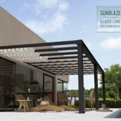 Pergola Adossée Stockholm 350x740cm Aluminium Gris Et Polycarbonate Avec Stores De Toit Rétractables – Palram - Canopia -Outdoor Soldes pergola adossee stockholm 350x740cm aluminium gris et polycarbonate avec stores de toit retractables palram 3