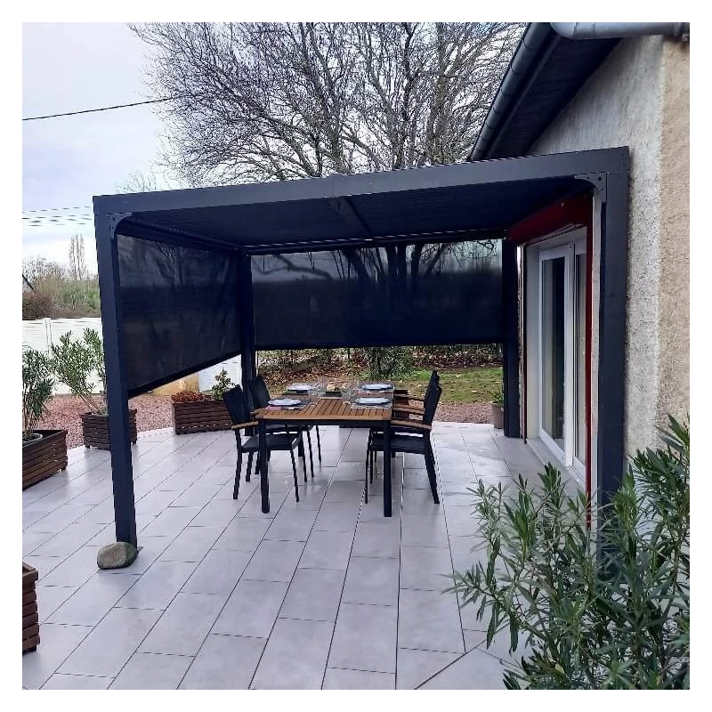 Pergola Bioclimatique Aluminium Anthracite 10,80m² Toit Avec Lames Ovales Aluminium + 2 Rideaux Gris Pour Les Côtés – HABRITA 2 Pergola Bioclimatique Aluminium Anthracite 10,80m² Toit Avec Lames Ovales Aluminium + 2 Rideaux Gris Pour Les Côtés – HABRITA – Image 2