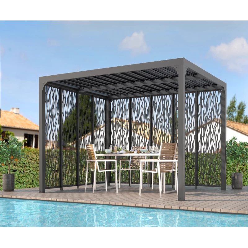 Pergola Bioclimatique Aluminium Anthracite 10,80m² Toit Lames Ovales + Panneaux Moucharabieh Gris Côté 3m+côté 3,60m HABRITA 1 Pergola Bioclimatique Aluminium Anthracite 10,80m² Toit Lames Ovales + Panneaux Moucharabieh Gris Côté 3m+côté 3,60m HABRITA