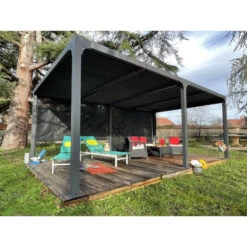 Pergola Bioclimatique Aluminium Anthracite 21,52m² + Toit Avec Lames Ovales + 2 Rideaux Pour Côté 5,98m HABRITA -Outdoor Soldes pergola bioclimatique aluminium anthracite 2152m toit avec lames ovales 2 rideaux pour cote 598m habrita 5