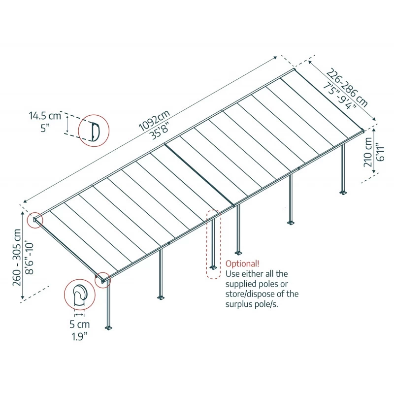 Toit De Terrasse 300x1092cm En Aluminium Gris Et Polycarbonate 8mm FERIA - Canopia By Palram 2 Toit De Terrasse 300x1092cm En Aluminium Gris Et Polycarbonate 8mm FERIA - Canopia By Palram – Image 2