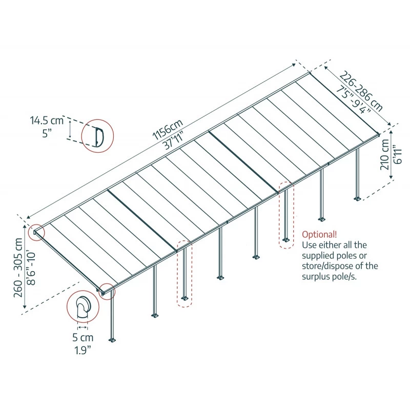 Toit De Terrasse 300x1156cm En Aluminium Gris Et Polycarbonate 8mm FERIA - Canopia By Palram 2 Toit De Terrasse 300x1156cm En Aluminium Gris Et Polycarbonate 8mm FERIA - Canopia By Palram – Image 2